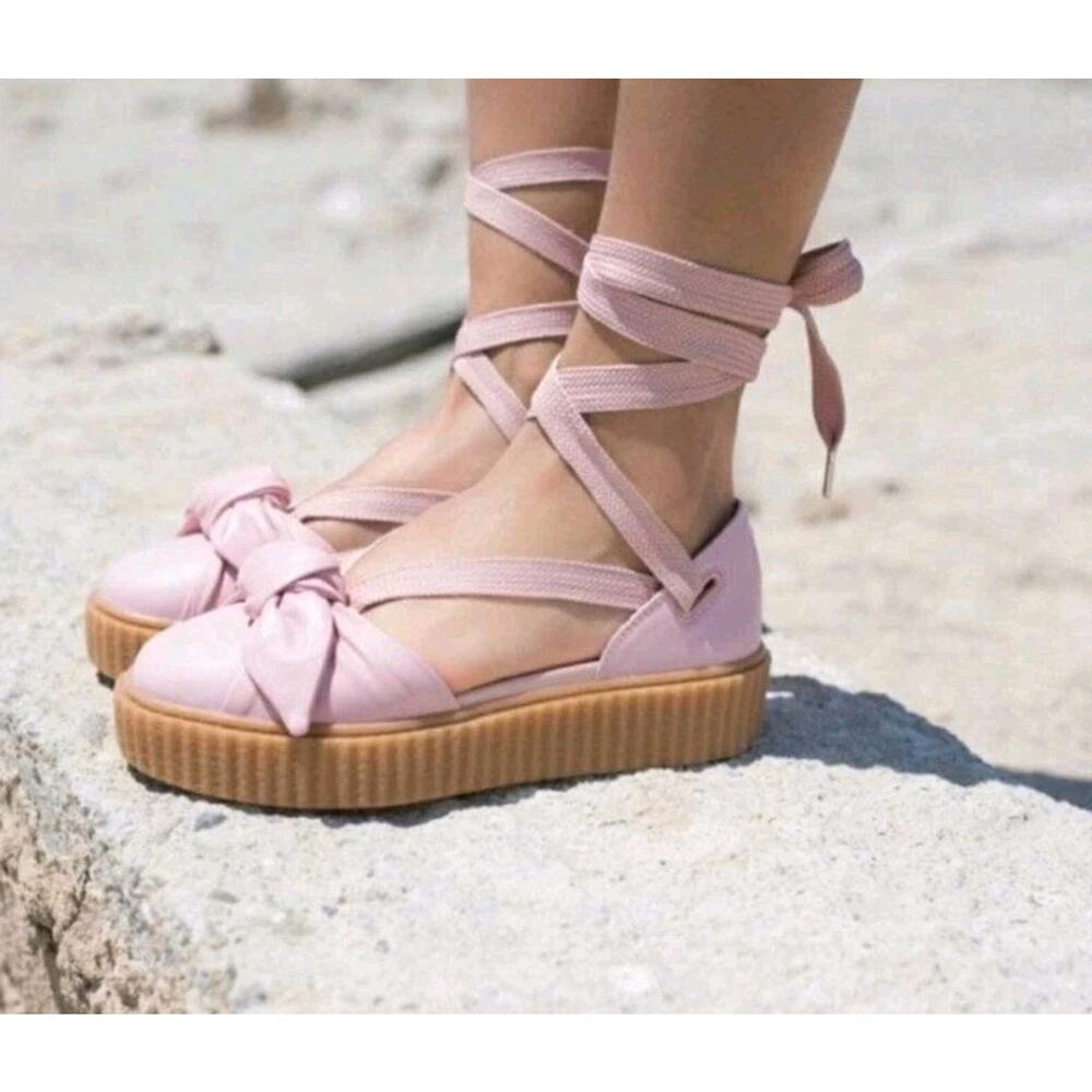 PUMA Fendy By Rihanna Pink Leather Creeper Bow Sandals Shoes SZ 6